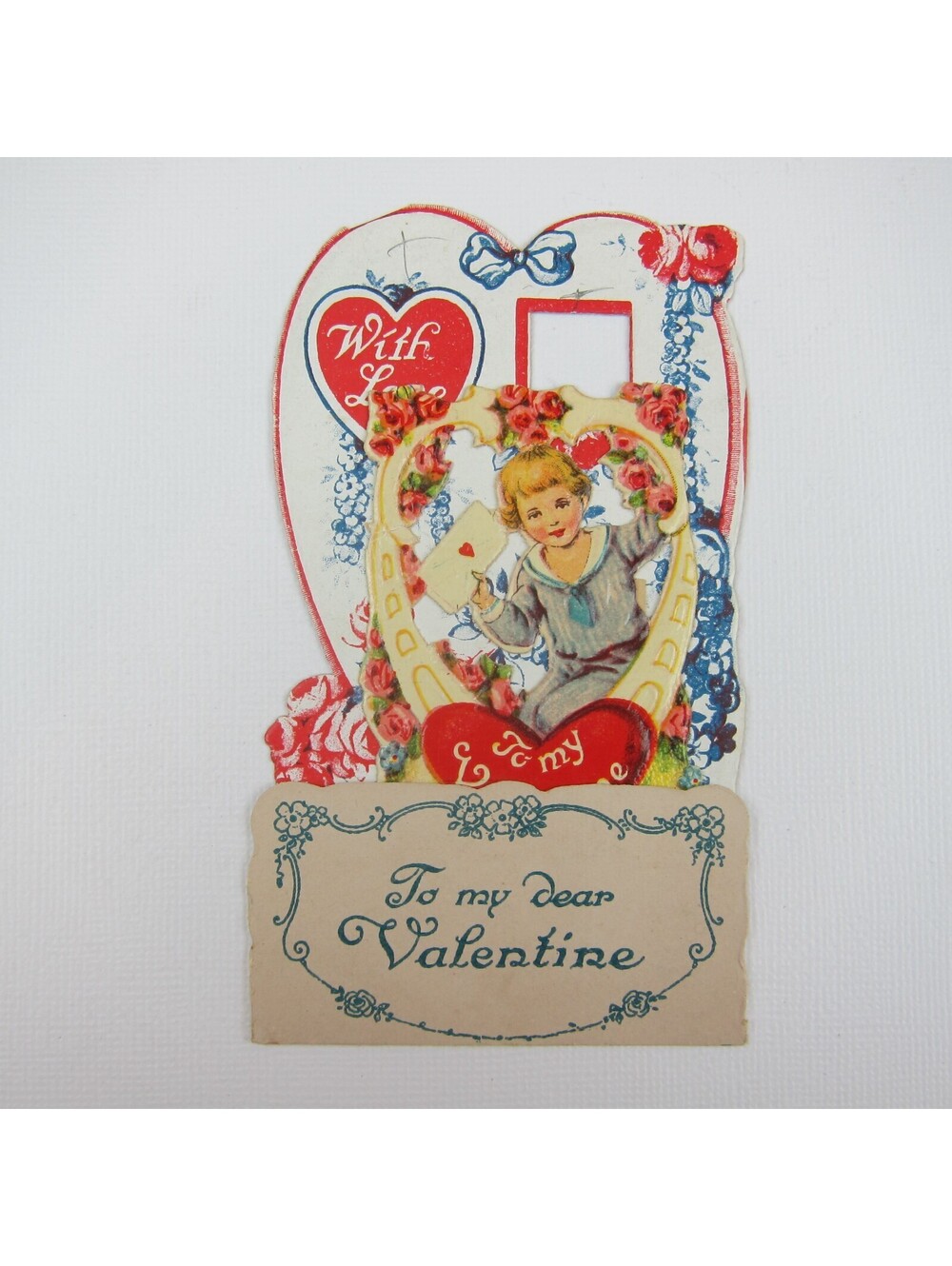 Vintage Valentine 3D Pop Up Die Cut Blonde Boy Sailor Suit Red Flowers & Hearts